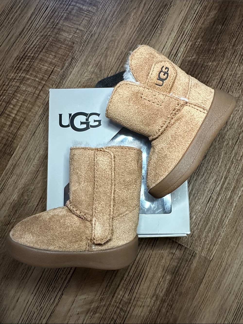 new • UGG Kids Chestnut/Tan Suede Booties for baby/toddler with hard bottom sole
